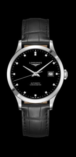 Longines Record 38.5mm Stainless Steel / Black-Diamond / Alligator
