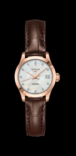 Longines Record 26mm Stainless Pink Gold / MOP-Diamond / Alligator