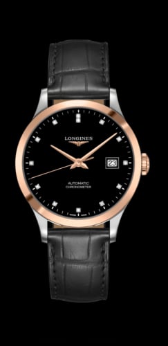 Longines Record 38.5mm Stainless Steel / Pink Gold / Black-Diamond / Alligator