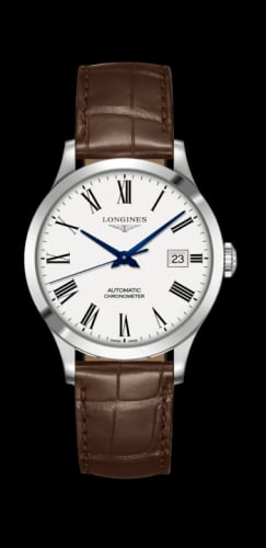 Longines Record 38.5mm Stainless Steel / White-Roman / Alligator