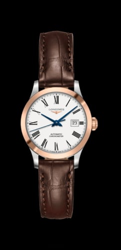 Longines Record 30mm Stainless Steel / Pink Gold / White-Roman / Alligator