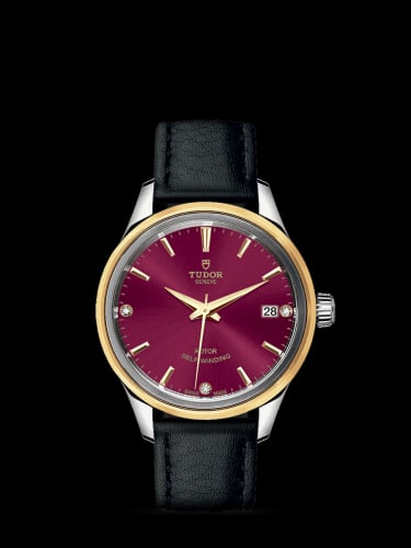 Tudor Style 34 Stainless Steel / Yellow Gold / Burgundy-Diamond / Strap