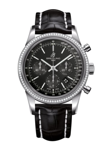 Breitling Transocean Chronograph Stainless Steel / Diamond / Black / Croco