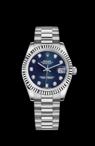 Rolex Datejust 31 White Gold Fluted / President / Blue Diamond