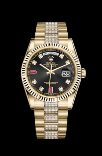 Rolex Day-Date 36 Yellow Gold Fluted / President Diamonds / Black Diamonds Rubies