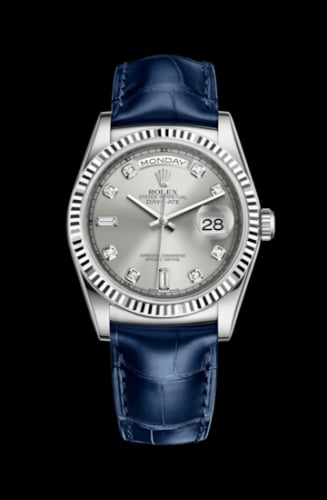Rolex Day-Date 36 White Gold / Strap / Silver Diamond