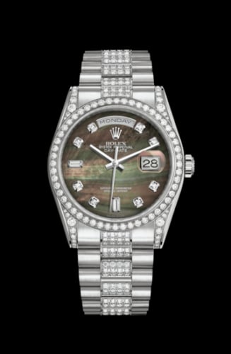 Rolex Day-Date 36 White Gold Diamonds / President Diamond / Black MOP