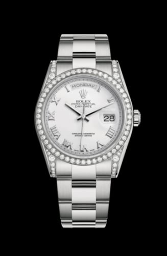Rolex Day-Date 36 White Gold Diamonds / Oyster / White Roman