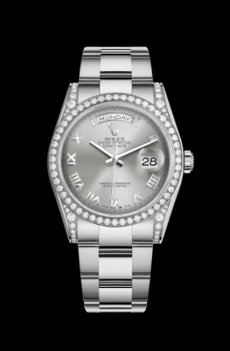 Rolex Day-Date 36 White Gold Diamonds / Oyster / Silver Roman