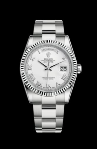 Rolex Day-Date 36 White Gold Fluted / Oyster / White Roman