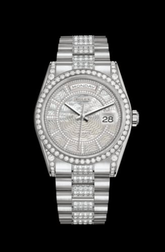 Rolex Day-Date 36 White Gold Diamonds / President Diamonds / MOP Carousel