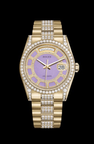 Rolex Day-Date 36 Yellow Gold Diamonds / President Diamonds / Lavender Jade Carousel