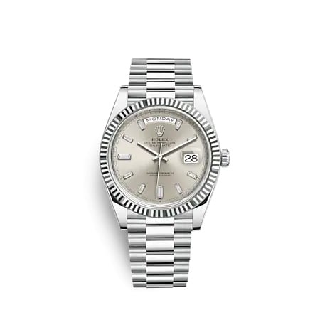 Rolex Day-Date 40 Platinum - Fluted / Silver - Baguette