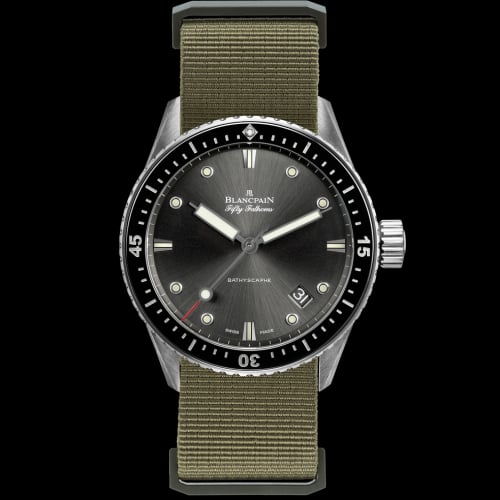 Blancpain Fifty Fathoms Bathyscaphe Stainless Steel / Grey / Sand Nato