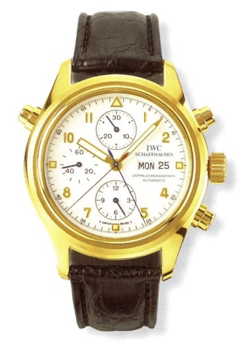 IWC Schaffhausen Pilot's Watch Doppelchronograph Yellow Gold / White / French / Strap