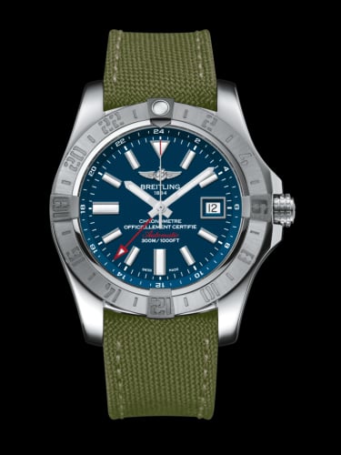 Breitling Avenger II GMT Stainless Steel / Mariner Blue / Military / Pin