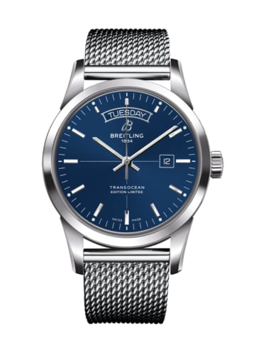 Breitling Transocean Day &amp; Date Stainless Steel / Blue / Milanese