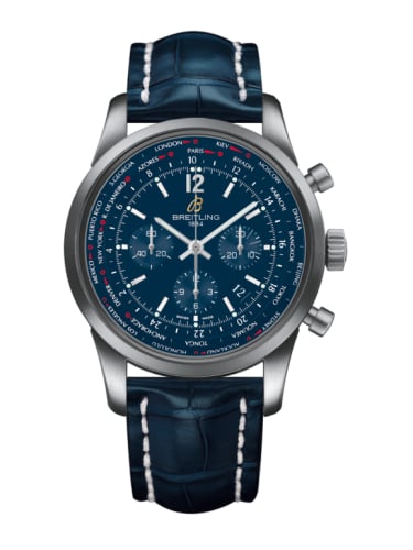 Breitling Transocean Chronograph Unitime Pilot Stainless Steel / Blue / Croco