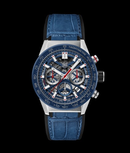 TAG Heuer Carrera Calibre Heuer 02 43 Stainless Steel / Blue Ceramic / Skeleton / Alligator
