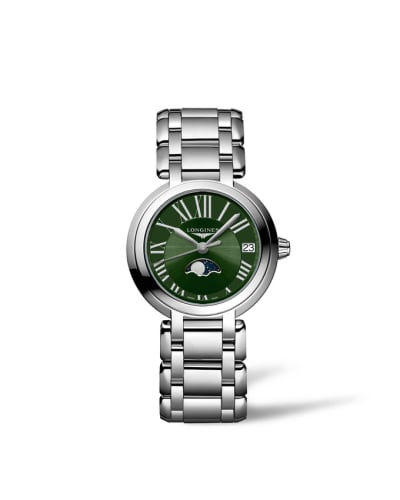 Longines PrimaLuna 30.5 Quartz Moonphase Stainless Steel / Green - Roman / Bracelet