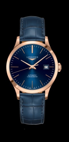 Longines Record 38.5mm Pink Gold / Blue / Alligator