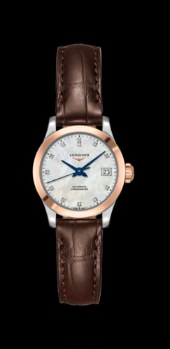 Longines Record 26mm Stainless Steel / Pink Gold / MOP-Diamond / Alligator