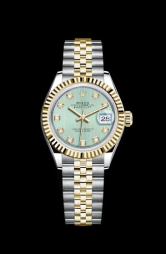 Rolex Lady-Datejust 28 Rolesor Yellow Fluted / Jubilee / Mint Green Tuxedo