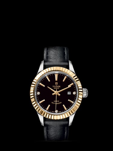 Tudor Style 28 Stainless Steel / Yellow Gold / Fluted / Black-Diamond / Strap