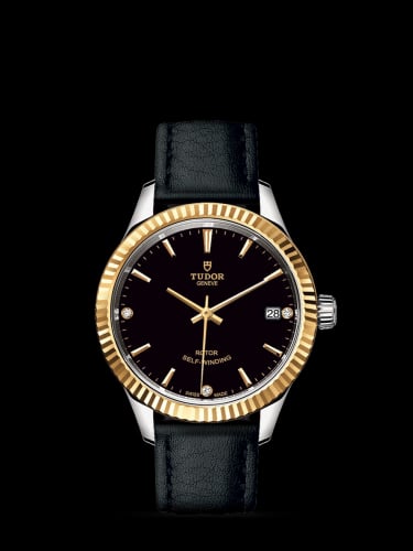 Tudor Style 34 Stainless Steel / Yellow Gold / Fluted / Black-Diamond / Strap