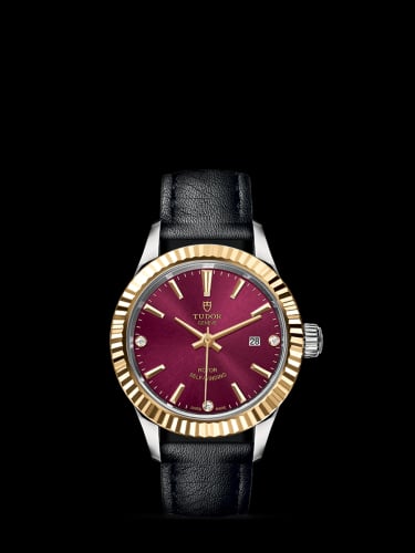 Tudor Style 28 Stainless Steel / Yellow Gold / Fluted / Burgundy-Diamond / Strap
