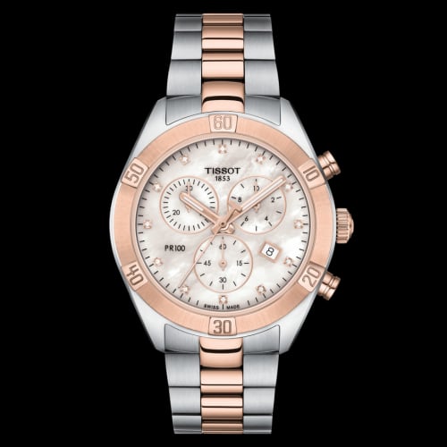 Tissot PR 100 Sport Chic Chronograph 38 Stainless Steel - Rose Gold / MOP / Bracelet