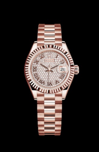Rolex Lady-Datejust 28 Everose Fluted / President / Paved Roman