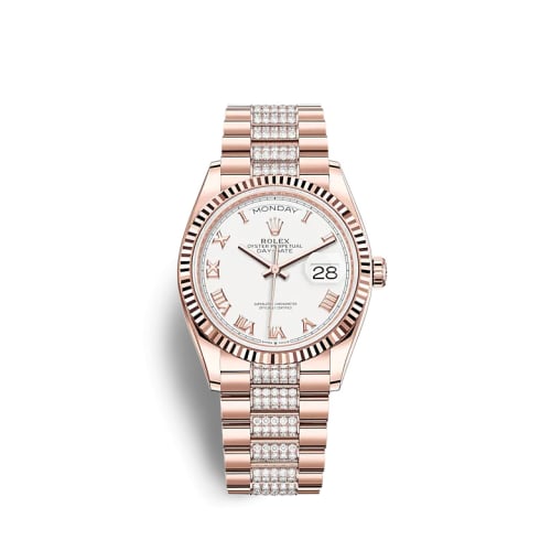 Rolex Day-Date 36 Everose Gold / Fluted / White - Roman / President-Diamond
