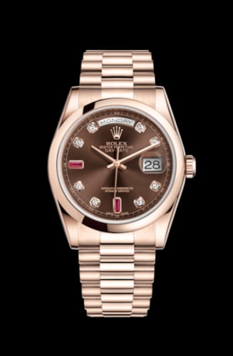 Rolex Day-Date 36 Everose Domed / President / Chocolate Diamonds Rubies