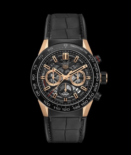 TAG Heuer Carrera Calibre Heuer 02 45 Rose Gold / Black Ceramic / Skeleton / Alligator