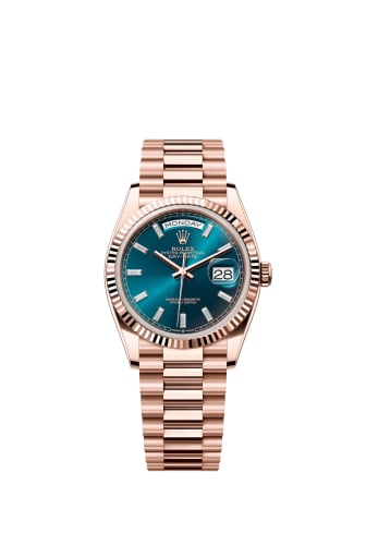 Rolex Day-Date 36 Everose Gold - Fluted / Blue-Green - Baguette / President