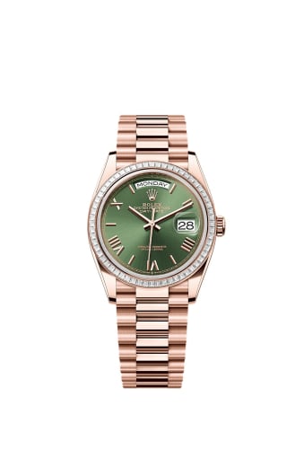 Rolex Day-Date 36 Everose Gold - Baguette / Green - Roman / President
