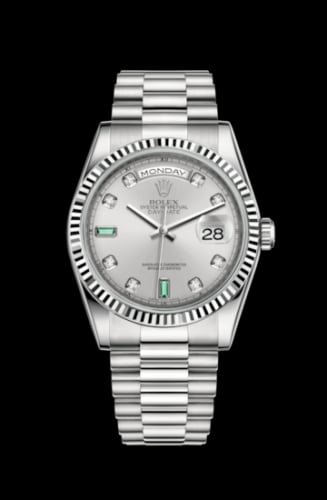 Rolex Day-Date 36 White Gold Fluted / President / Silver Diamond Emerald
