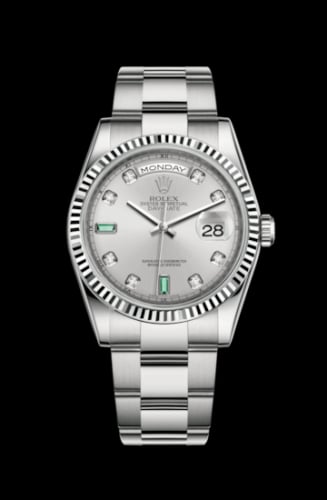 Rolex Day-Date 36 White Gold Fluted / Oyster / Silver Diamond Emerald