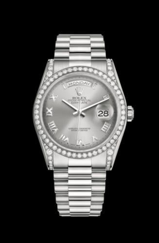 Rolex Day-Date 36 White Gold Diamonds / President / Silver Roman