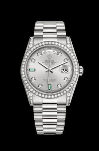 Rolex Day-Date 36 White Gold Diamonds / President / Silver Diamonds Emeralds