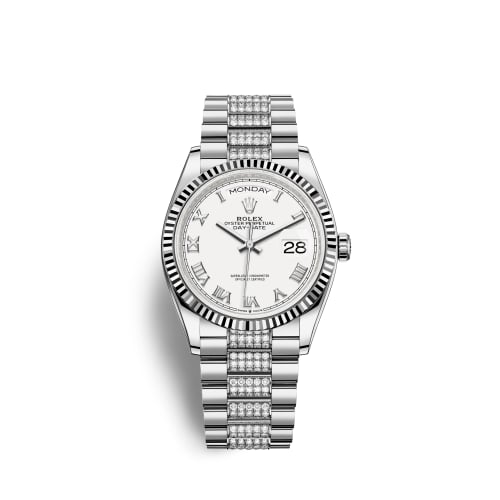 Rolex Day-Date 36 White Gold Fluted / White - Roman / President - Diamond