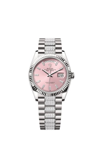 Rolex Day-Date 36 White Gold - Fluted / Pink - Baguette / President - Diamond
