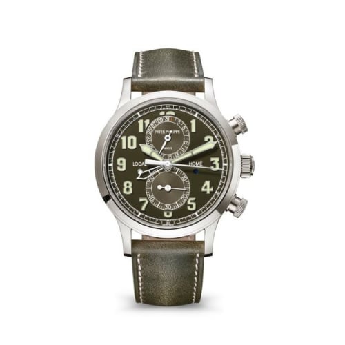 Patek Philippe Calatrava Pilot Travel Time Chronograph White Gold / Green