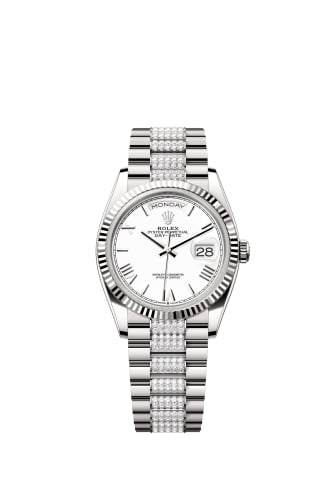 Rolex Day-Date 36 White Gold - Fluted / White - Roman / President - Diamond