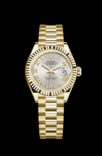 Rolex Lady-Datejust 28 Yellow Gold Fluted / President / Silver Roman