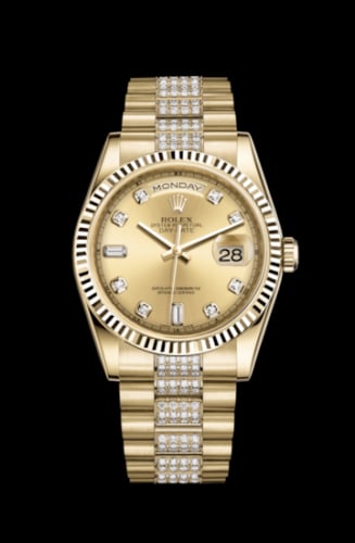 Rolex Day-Date 36 Yellow Gold Fluted / President Diamonds / Champagne Diamond