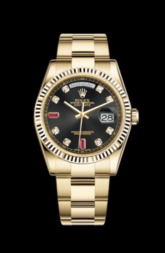 Rolex Day-Date 36 Yellow Gold Fluted / Oyster / Black Diamonds Rubies