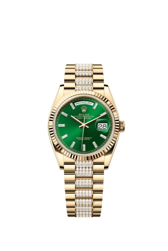 Rolex Day-Date 36 Yellow Gold - Fluted / Bright Green - Baguette / President - Diamond