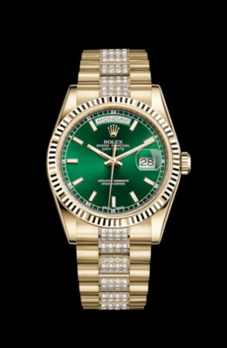 Rolex Day-Date 36 Yellow Gold Fluted / President Diamonds / Green